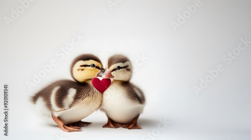Two ducklings share a red heart against a white background.