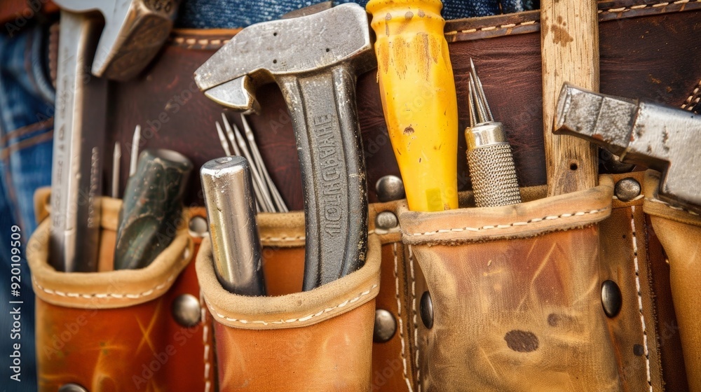 A carpenter's tool belt filled with hammers, nails, and measuring tape, ready for any construction task. A carpenter's tool belt filled with hammers, nails, and measuring tape, ready for any construction task.