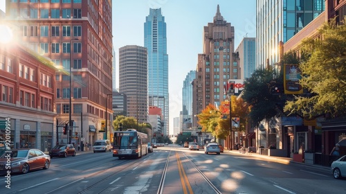 A city road with a mix of modern skyscrapers and historic buildings, illustrating the architectural diversity of the city.