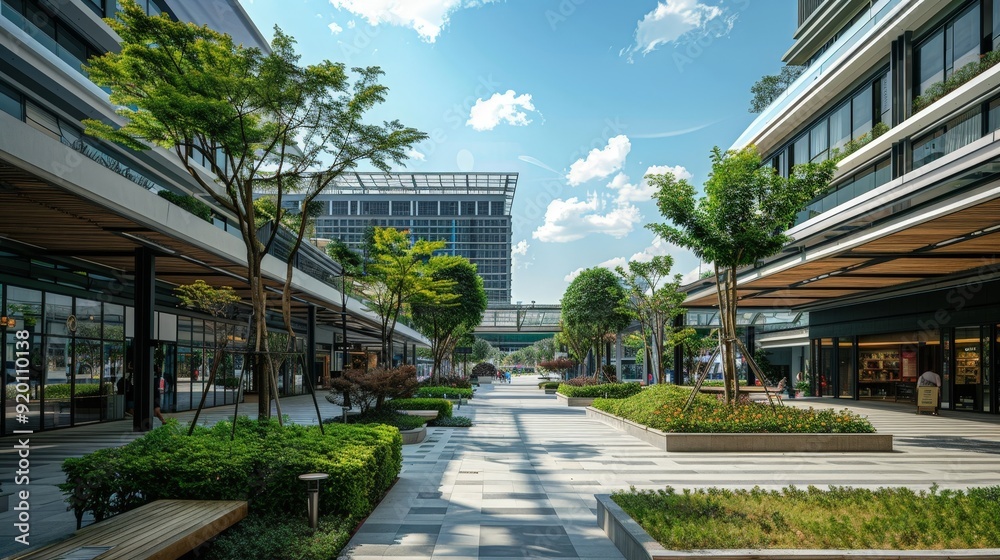 Fototapeta premium A cityscape with a focus on innovative public spaces, where buildings are designed to create inviting and functional environments.