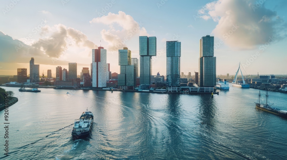 Fototapeta premium A coastal city where modern skyscrapers and historic buildings coexist harmoniously.