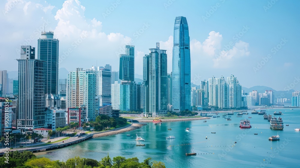 Fototapeta premium A coastal city where modern skyscrapers and historic buildings coexist harmoniously.
