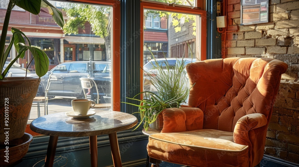 Fototapeta premium A coffee shop corner with a plush armchair, a small table, and a cup of coffee by the window.