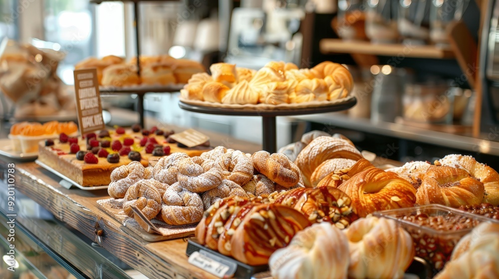A coffee shop counter with various pastries and baked goods on display. A coffee shop counter with various pastries and baked goods on display.