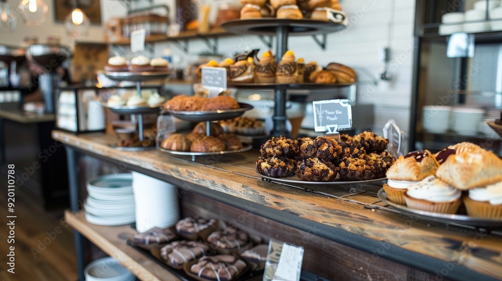 A coffee shop counter with various pastries and baked goods on display. A coffee shop counter with various pastries and baked goods on display.