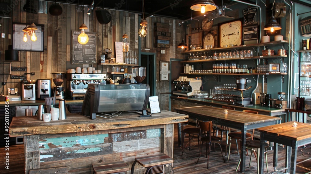A coffee shop with a rustic theme, featuring reclaimed wood tables and vintage decor. A coffee shop with a rustic theme, featuring reclaimed wood tables and vintage decor.