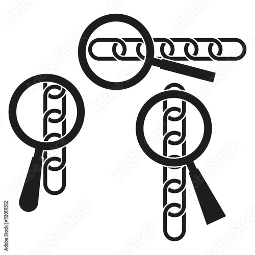 Magnifying glass and chain icons. Link inspection symbols. Black and white. Vector illustration.