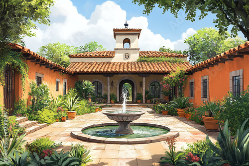 Illustration of a Mexican hacienda with a courtyard and fountain.