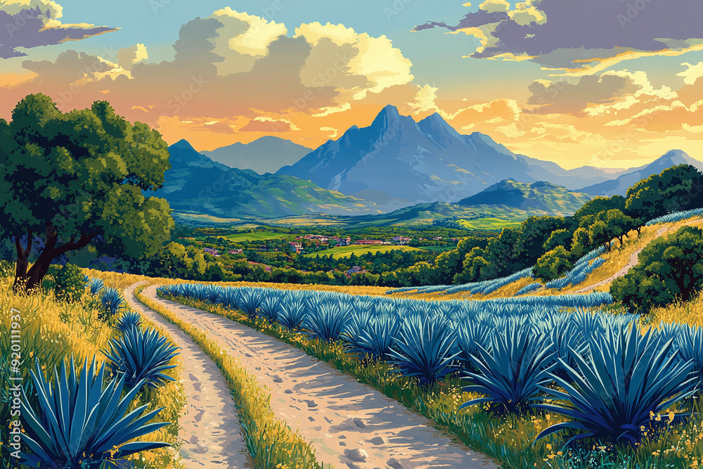 Illustration of a Mexican landscape with agave fields and mountains. Illustration of a Mexican landscape with agave fields and mountains.