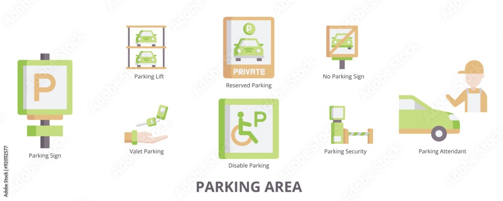 Parking Area Flat Banner Web Icon Set Vector Illustration, Parking Sign Disable Reserved Lift Valet No Parking Sign Security Attendant