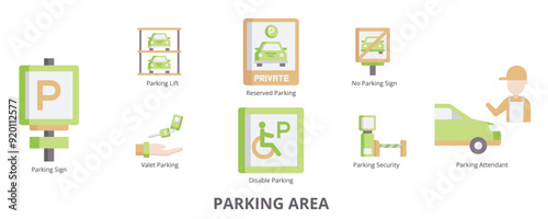 Parking Area Flat Banner Web Icon Set Vector Illustration, Parking Sign Disable Reserved Lift Valet No Parking Sign Security Attendant
