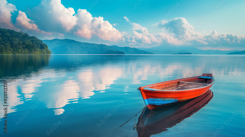 Tranquil Lake with Rowboat and Cloudy Sky .. Tranquil Lake with Rowboat and Cloudy Sky ..