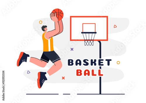 Happy Young Man Playing Basketball Vector Illustration Wearing a Basketball Uniform on an Court for Tournament in a Flat Style Design Background