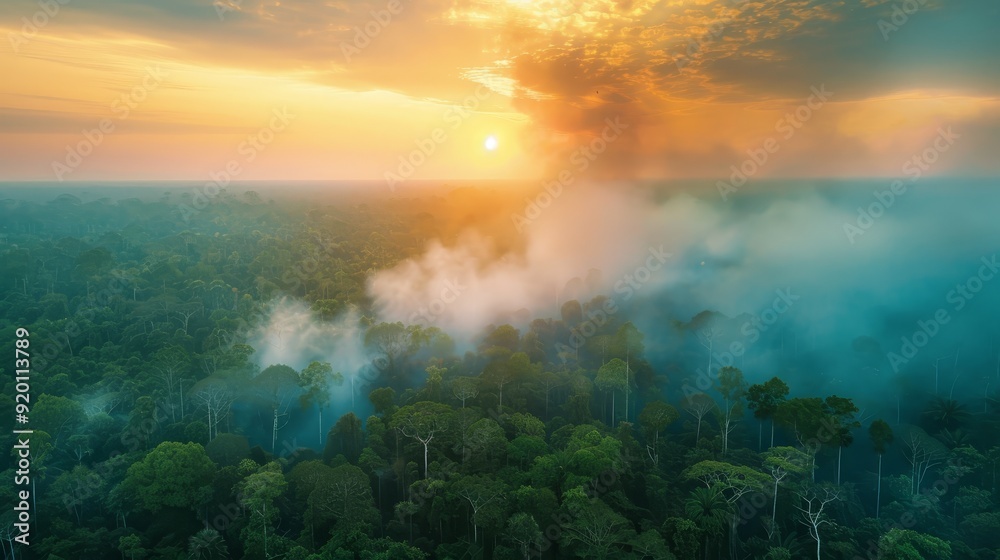 Fototapeta premium Aerial view of rainforest with rising smoke