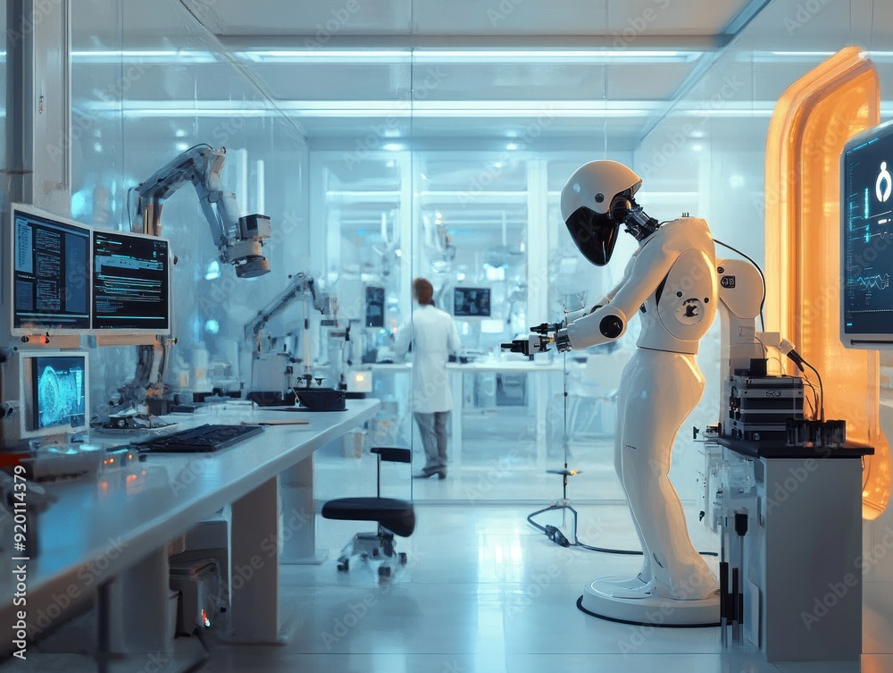 Naklejka premium Robot Assistant in a Futuristic Laboratory