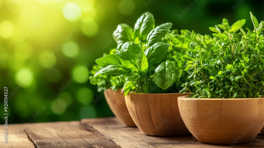Fresh Herbs in Wooden Bowls Outdoors Fresh Herbs in Wooden Bowls Outdoors