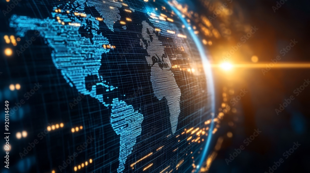 Obraz premium Digital World Map with Glowing Data Points
