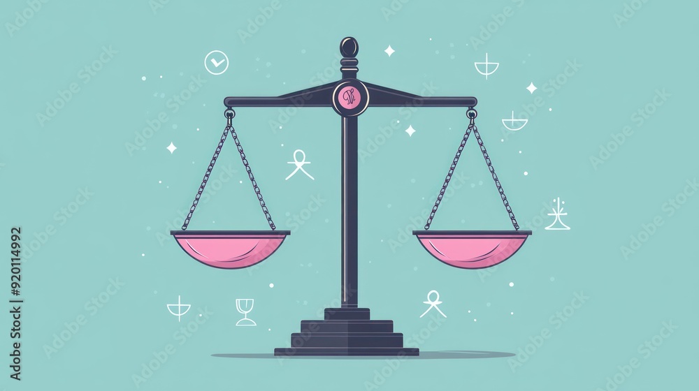 A Captivating Representation of Justice with a Stylish Scale Balancing Equality Symbols and Vibrant Elements in a Soothing Background A Captivating Representation of Justice with a Stylish Scale Balancing Equality Symbols and Vibrant Elements in a Soothing Background