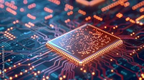 Close-Up of Microchip on Circuit Board with Glowing Lights