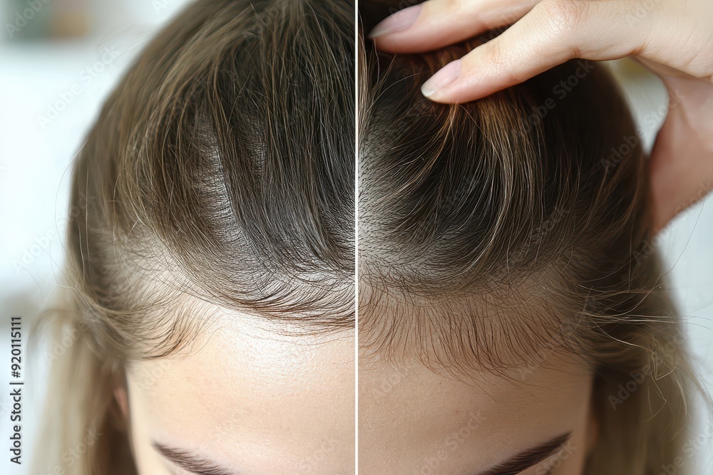 Fototapeta premium Close-Up of Woman's Thinning Hairline Before and After Treatment – High-Resolution Detail