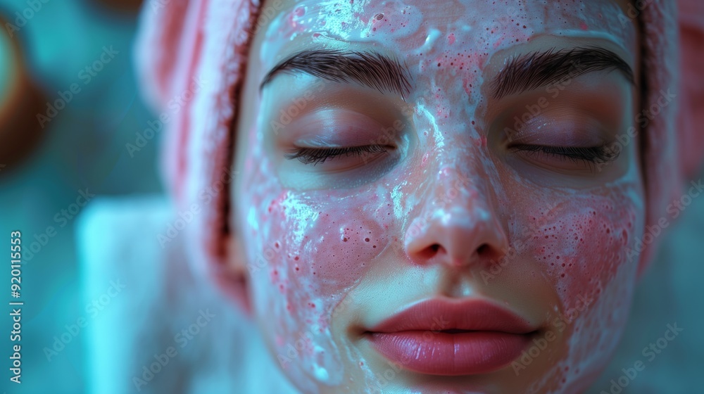Woman with Pink Face Mask in Relaxing Spa Setting. Calming spa experience with a woman relaxing with a pink face mask, surrounded by a tranquil atmosphere and soft, soothing light. Woman with Pink Face Mask in Relaxing Spa Setting. Calming spa experience with a woman relaxing with a pink face mask, surrounded by a tranquil atmosphere and soft, soothing light.