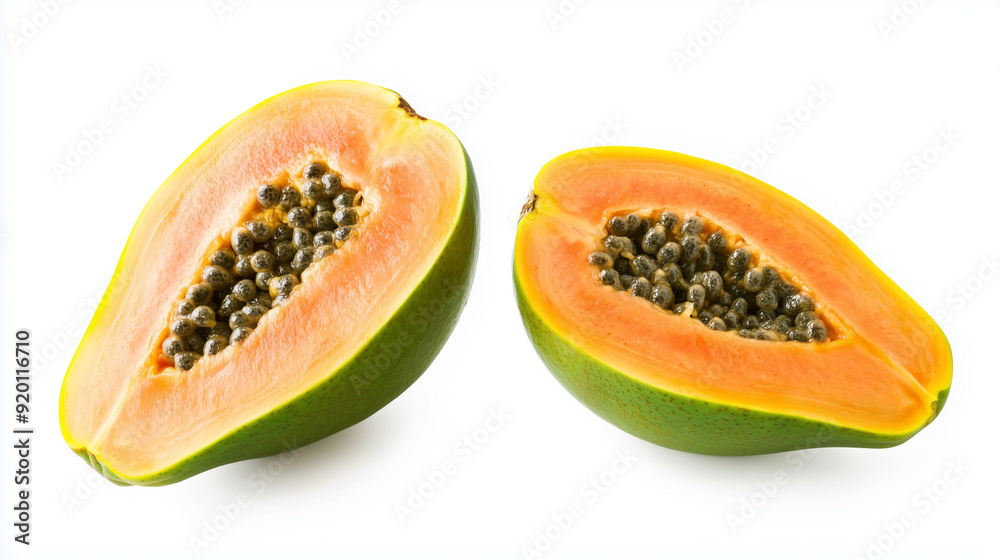 A single papaya, cut in half and whole on white background A single papaya, cut in half and whole on white background