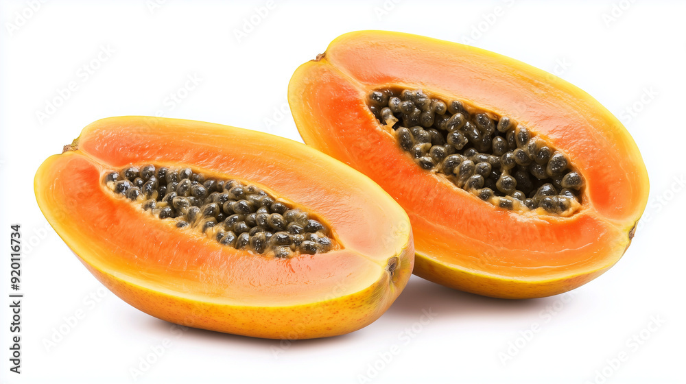A single papaya, cut in half and whole on white background A single papaya, cut in half and whole on white background