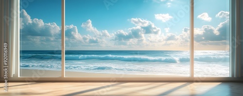 Ocean View from a Window with White Curtains Illustration