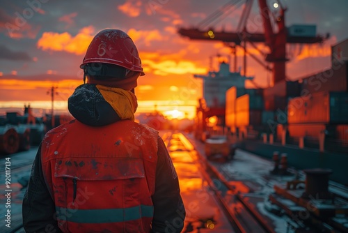 Worker at a cargo port, dressed in safety gear, observes the vibrant sunset as containers and cranes outline the background, representing the busy life at a shipping port.