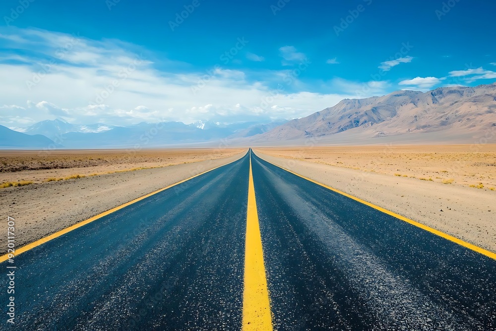 Naklejka premium Asphalt Road Leading Through A Desert Landscape Photo