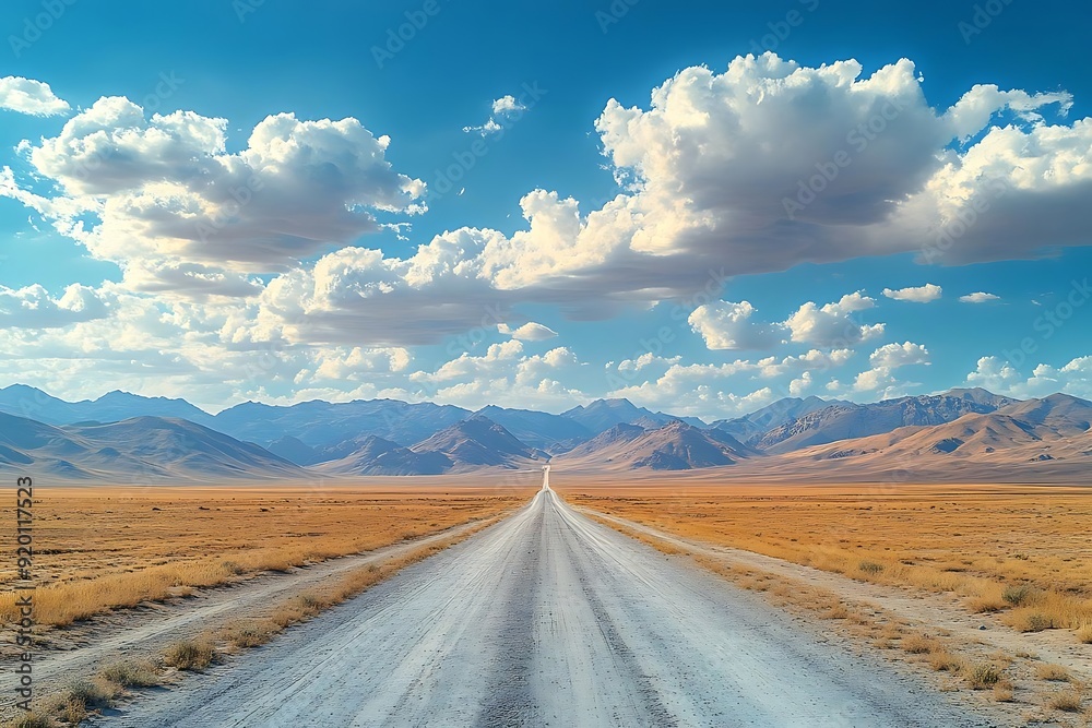 Naklejka premium Straight Road Through a Desert Valley with Blue Sky and Clouds - Realistic Image