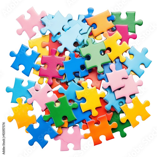 Colorful jigsaw puzzle pieces scattered on a white background. Ideal for themes of problem-solving, creativity, and leisure activities.