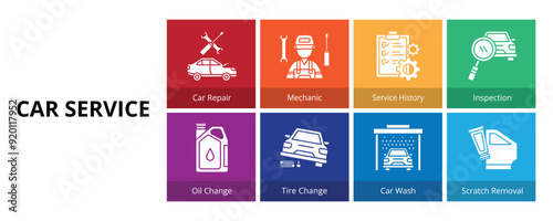 Car Service Glyph Solid Banner Web Icon Set Vector Illustration, Car Repair Mechanic Service History Inspection Oil Change Tire Wash Scratch Removal