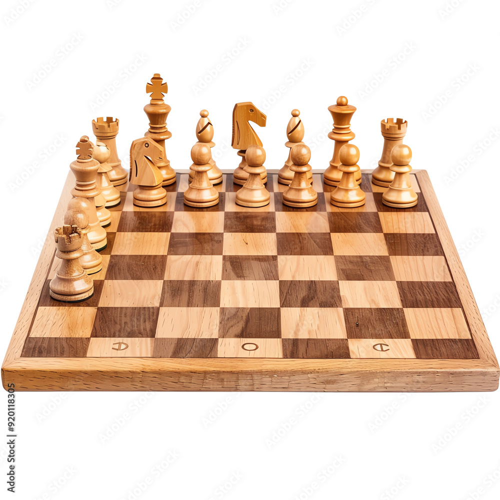 Wooden chessboard with neatly arranged chess pieces, showcasing the starting position for a classic game of chess, ideal for strategic play.