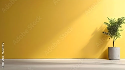 Empty yellow background and spotlight with studio for showing or design. Blank backdrop made from cement material. Realistic 3D render.
