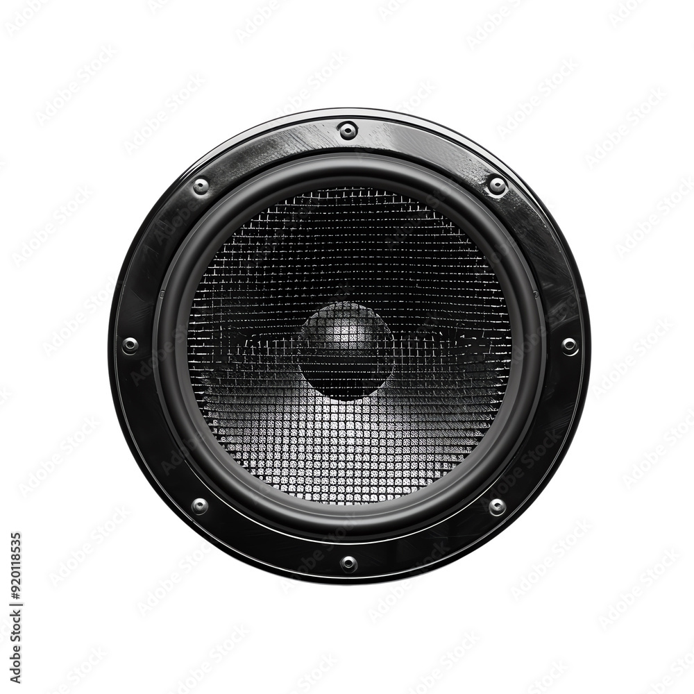 High-quality close-up image of a black speaker from the front, showcasing its detailed design and craftsmanship. High-quality close-up image of a black speaker from the front, showcasing its detailed design and craftsmanship.