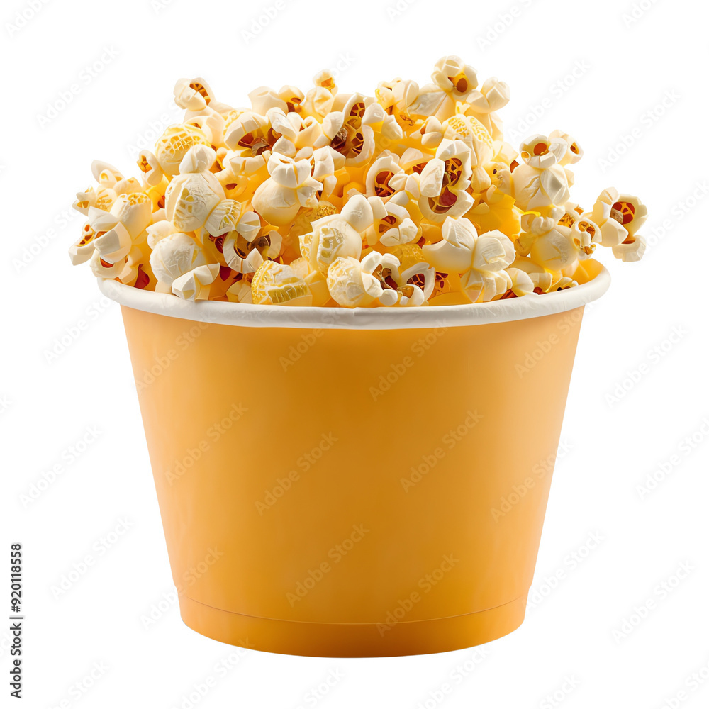 A yellow cup filled with freshly popped popcorn, isolated on a white background. Perfect for snack, movie night, and entertainment themes. A yellow cup filled with freshly popped popcorn, isolated on a white background. Perfect for snack, movie night, and entertainment themes.