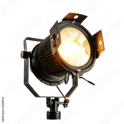 Studio spotlight with warm glow isolated on white background. Professional lighting equipment for photo and video production.