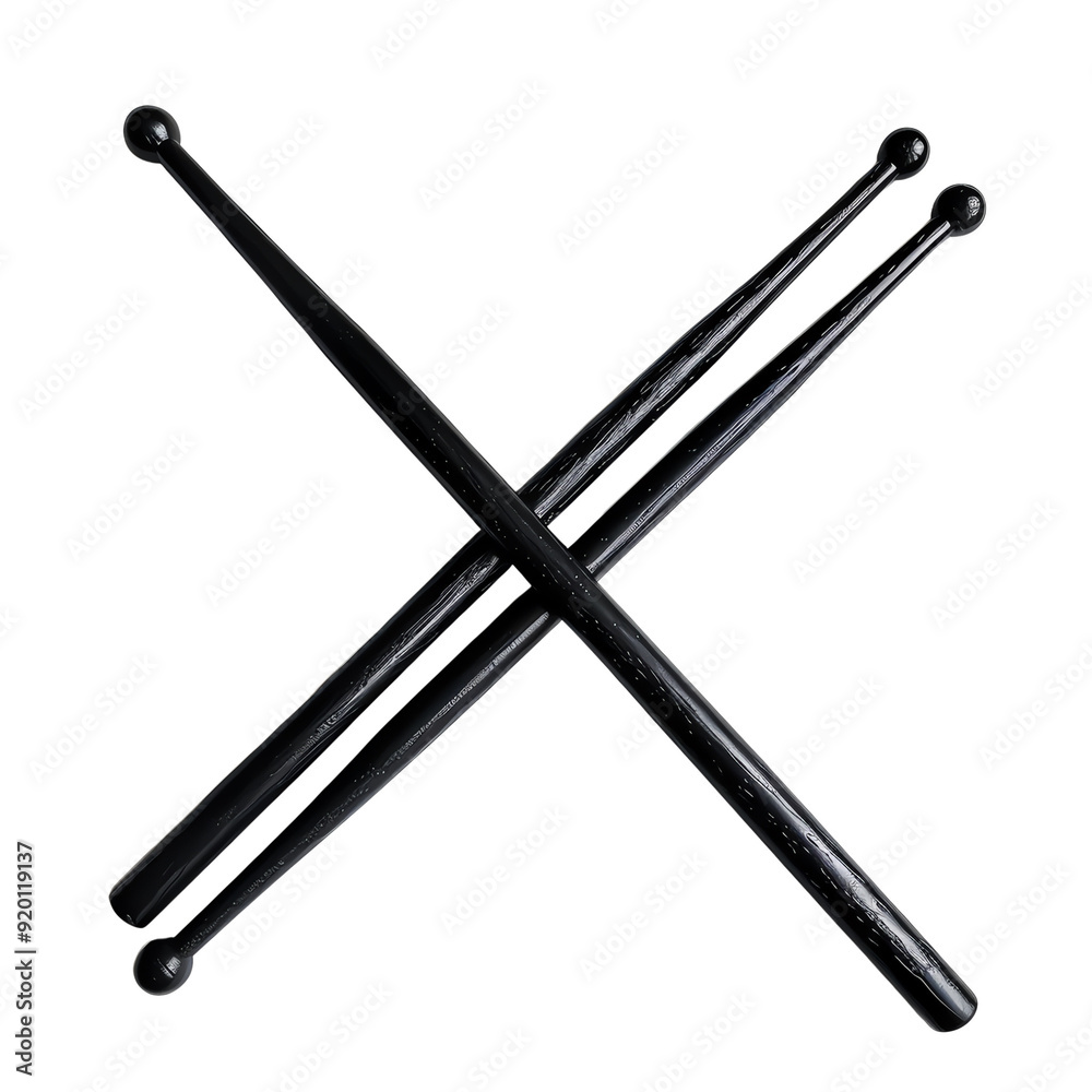 Black wooden drumsticks crossed on a white background, perfect for music and percussion instrument themes. Black wooden drumsticks crossed on a white background, perfect for music and percussion instrument themes.