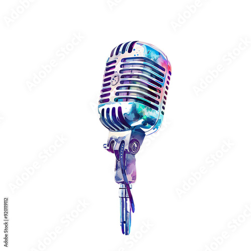 Vintage microphone illustration with vibrant colors, perfect for music and broadcasting themes, isolated on white background.