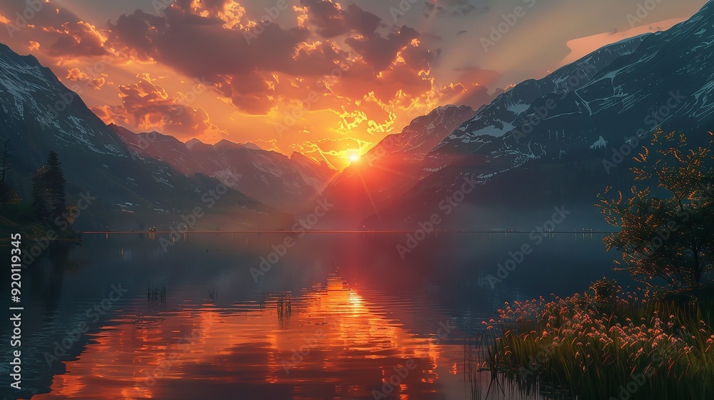 Sunset Over Mountain Lake Digital Art Sunset Over Mountain Lake Digital Art
