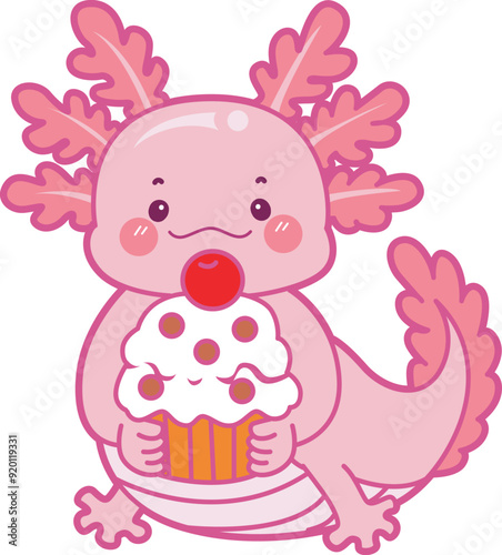 Illustration of cute axolotl activities icon.
Funny pink axolotl in daily routine stickers.