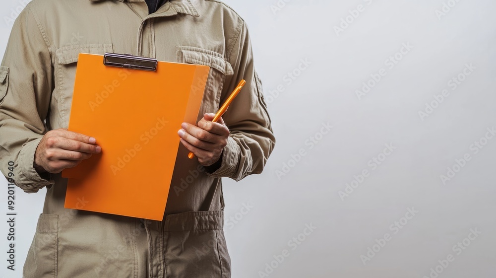 Mid section of an architect holding orange clipboard over white backdrop Mid section of an architect holding orange clipboard over white backdrop