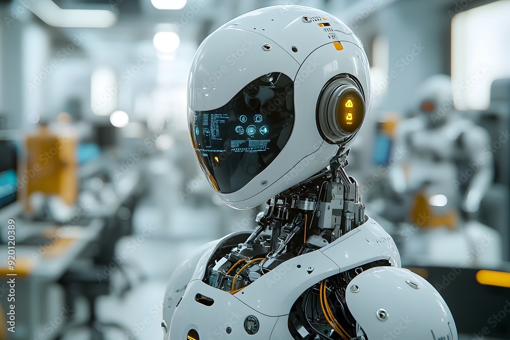 Futuristic Robot Illustration - White and Yellow Humanoid with Digital Display Futuristic Robot Illustration - White and Yellow Humanoid with Digital Display