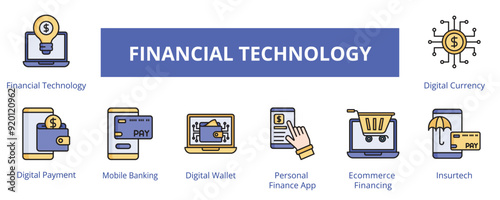 Financial Technology Lineal Color Banner Web Icon Set Vector Illustration, Financial Technology Digital Payment Mobile Banking Wallet Personal Finance App Ecommerce Financing Insurtech Currency