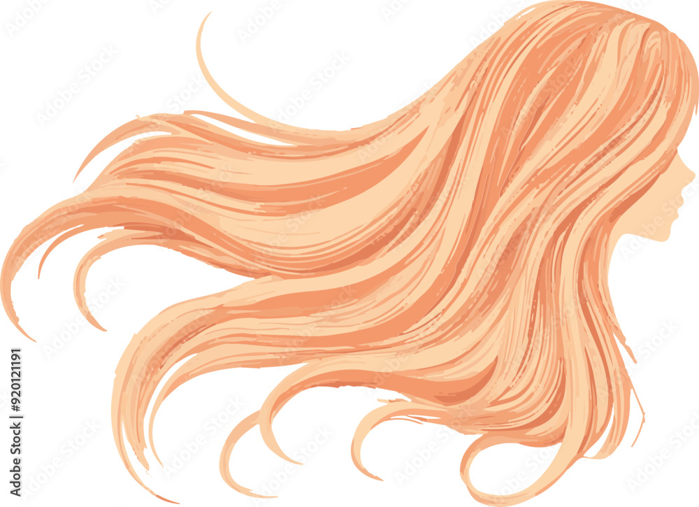 A woman's hair is shown in a stylized way, with a focus on the long, wavy locks