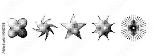 Halftone grain stars set. Dotted grunge star shape collection. Y2K bitmap gradient elements bundle. Pixel comic burst and sparkle elements for graphic design, poster, banner. Vector pack