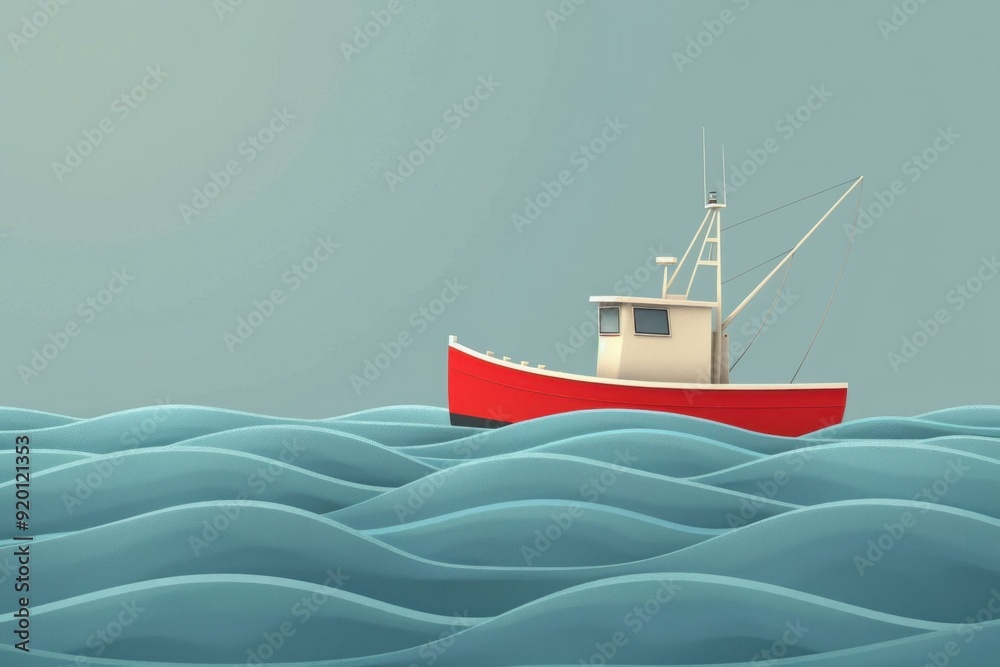Naklejka premium Red fishing boat floating in ocean with waves in background, serene travel scene of maritime adventure and relaxation