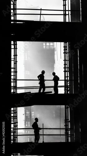 Monochrome scene depicting life of workers on a construction industry site