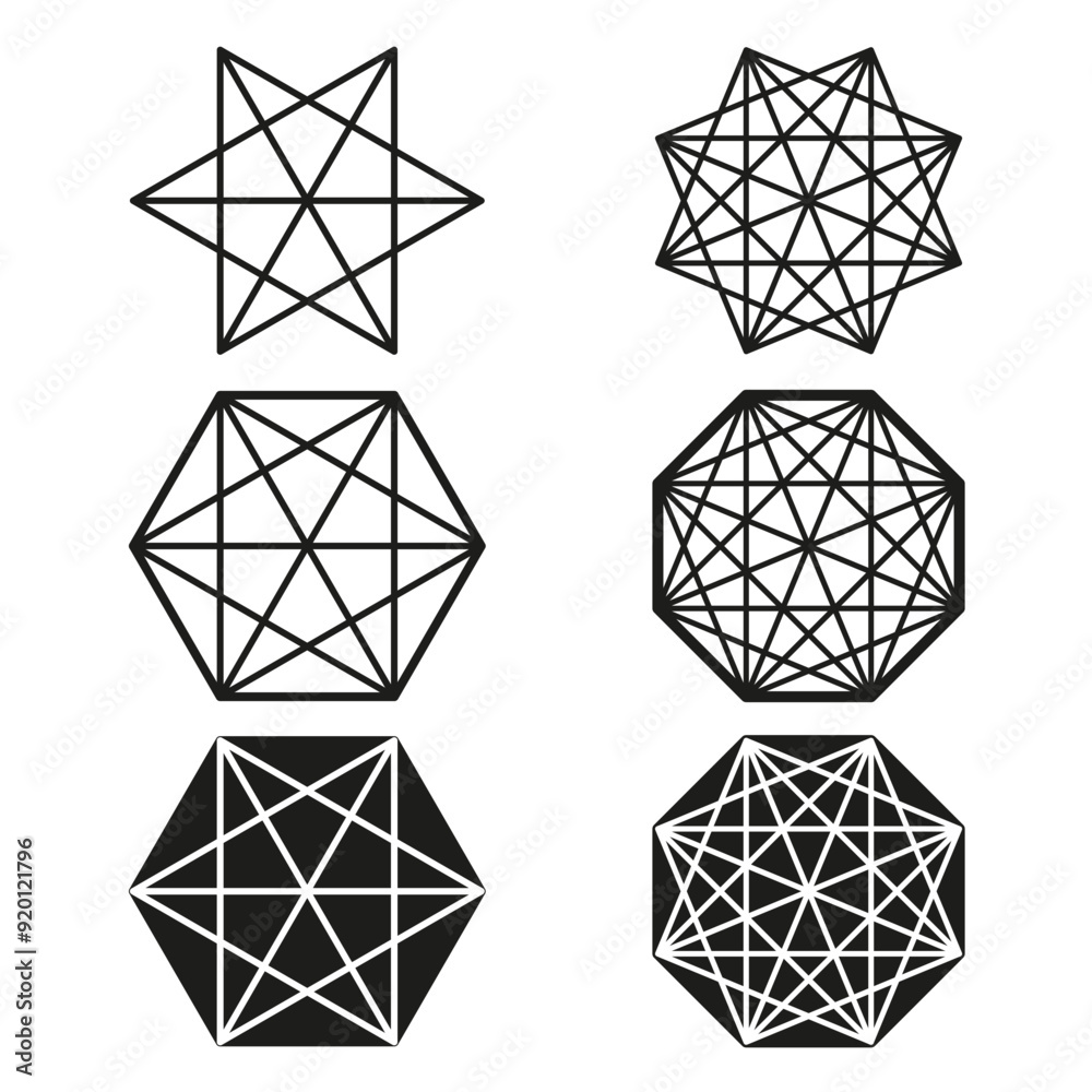 Geometric star shapes. Black and white designs. Abstract vector elements. Modern minimalist patterns. Geometric star shapes. Black and white designs. Abstract vector elements. Modern minimalist patterns.
